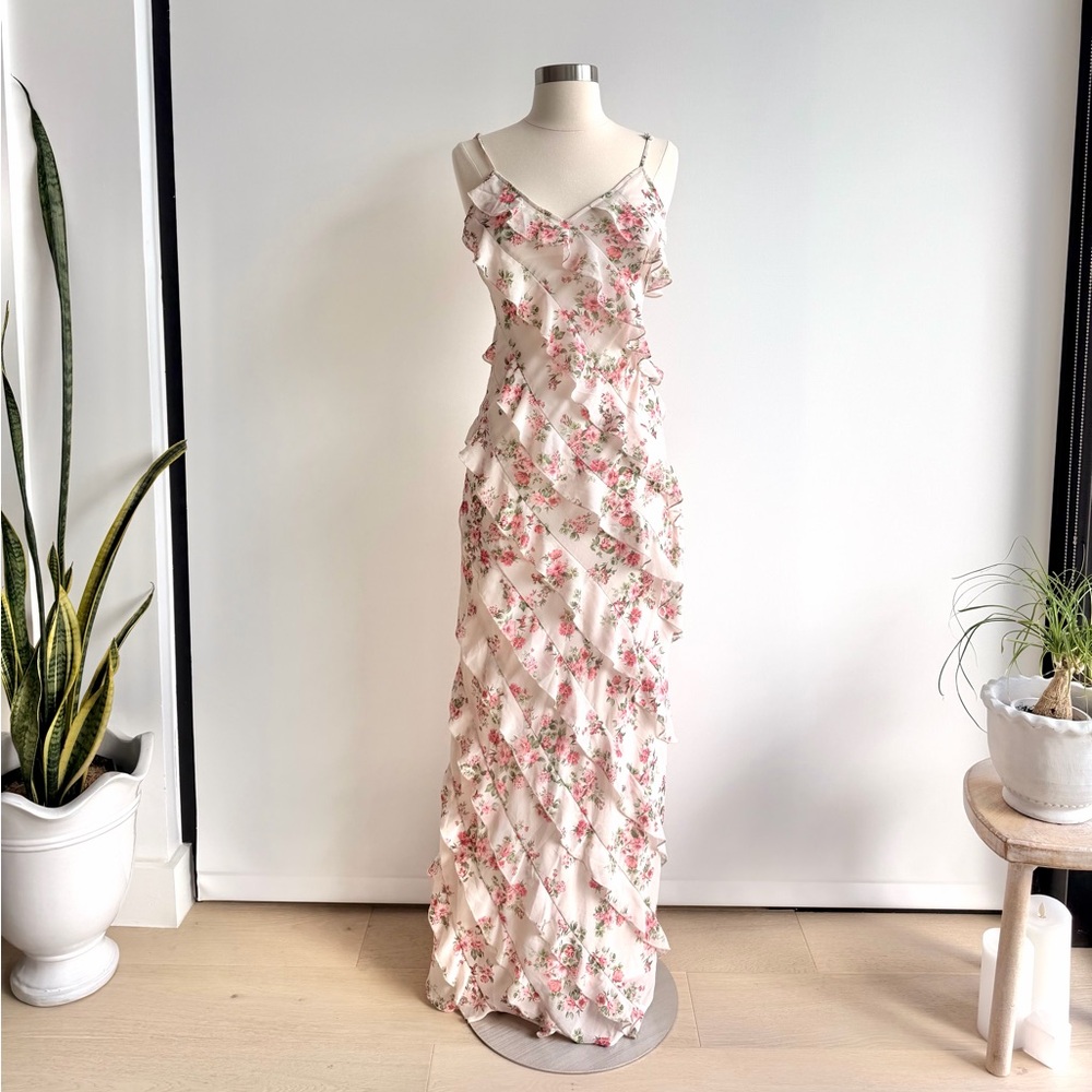 Altar’d State Floral Ruffle Maxi Dress - Ivory with Pink Roses NWT
